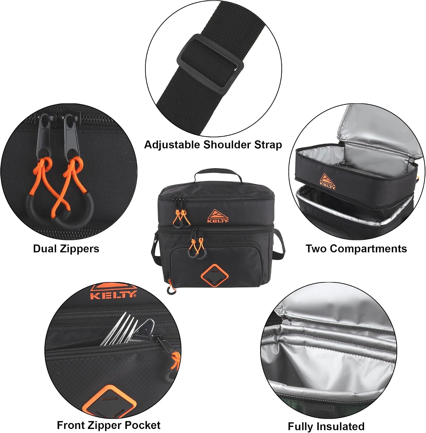 image:imageKelty Adult Insulated Lunch Bag Leakproof 12 Can 12 Liter Capacity with Top Carry Handle Adjustable Shoulder Strap Zippered Compartments Sport DetailingBlack