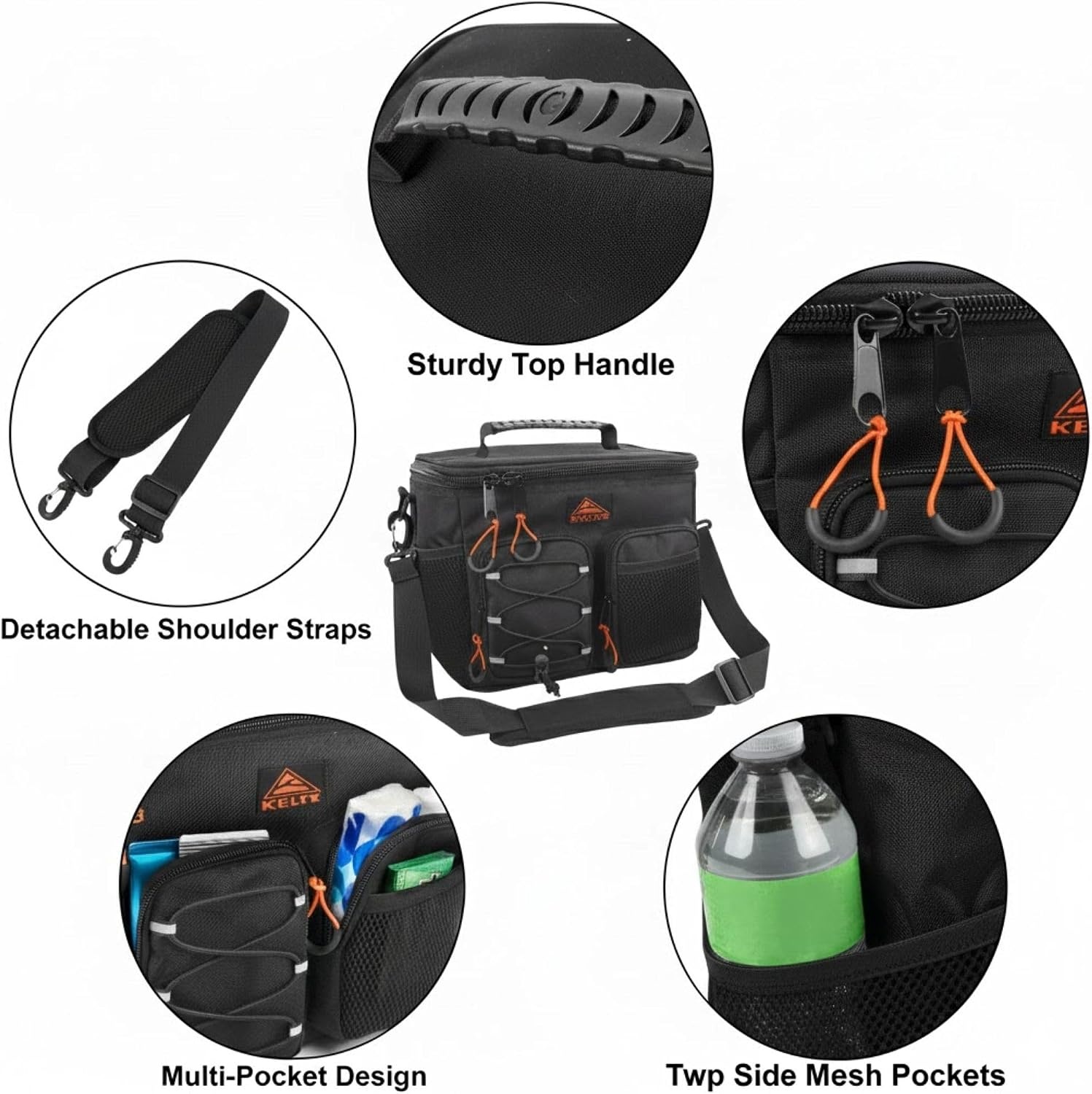 image:imageKelty Adult Insulated Lunch Bag Leakproof 18 Can 15 Liter Capacity with Top Rubber Grip Carry Handle Adjustable Shoulder Strap Zippered Compartment Bungee DetailingBlack