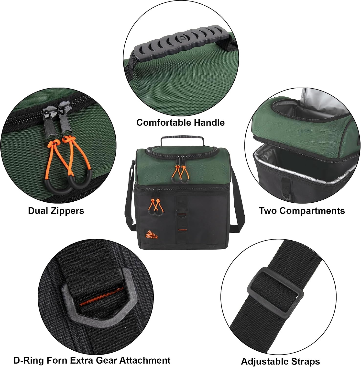 image:imageKelty Adult Insulated Lunch Bag Leakproof 24 Can 18 Liter Capacity with Top Rubber Grip Carry Handle Adjustable Shoulder Strap Zippered CompartmentGreen Black