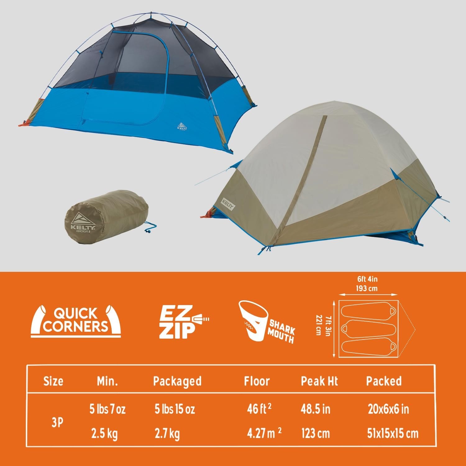 image:imageKelty Ashcroft Camp Tent 1 2 or 3 Person Camping Shelter with Full Coverage Rainfly Lightweight Aluminum Poles Camping Backpacking Festival ShelterBlue