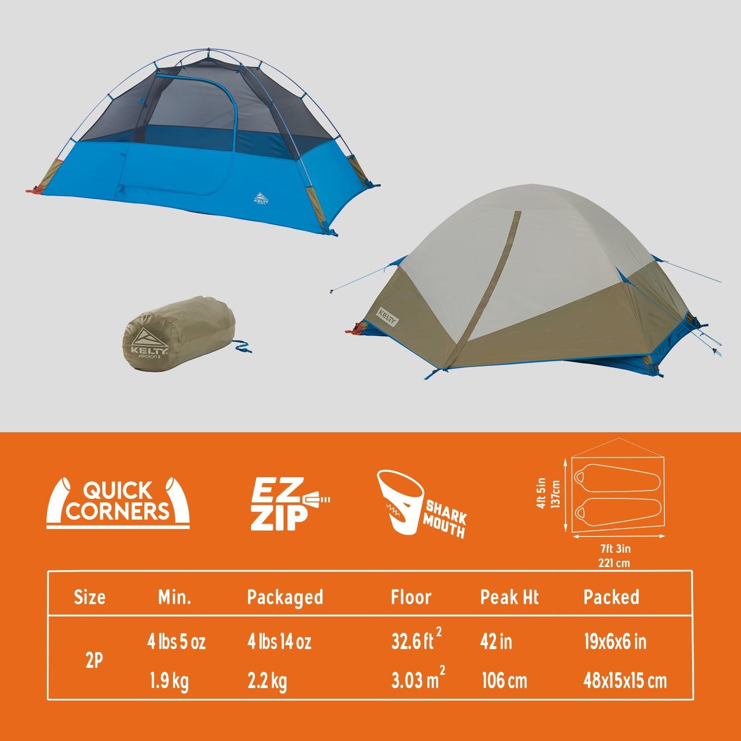 image:imageKelty Ashcroft Camp Tent 1 2 or 3 Person Camping Shelter with Full Coverage Rainfly Lightweight Aluminum Poles Camping Backpacking Festival ShelterBlue