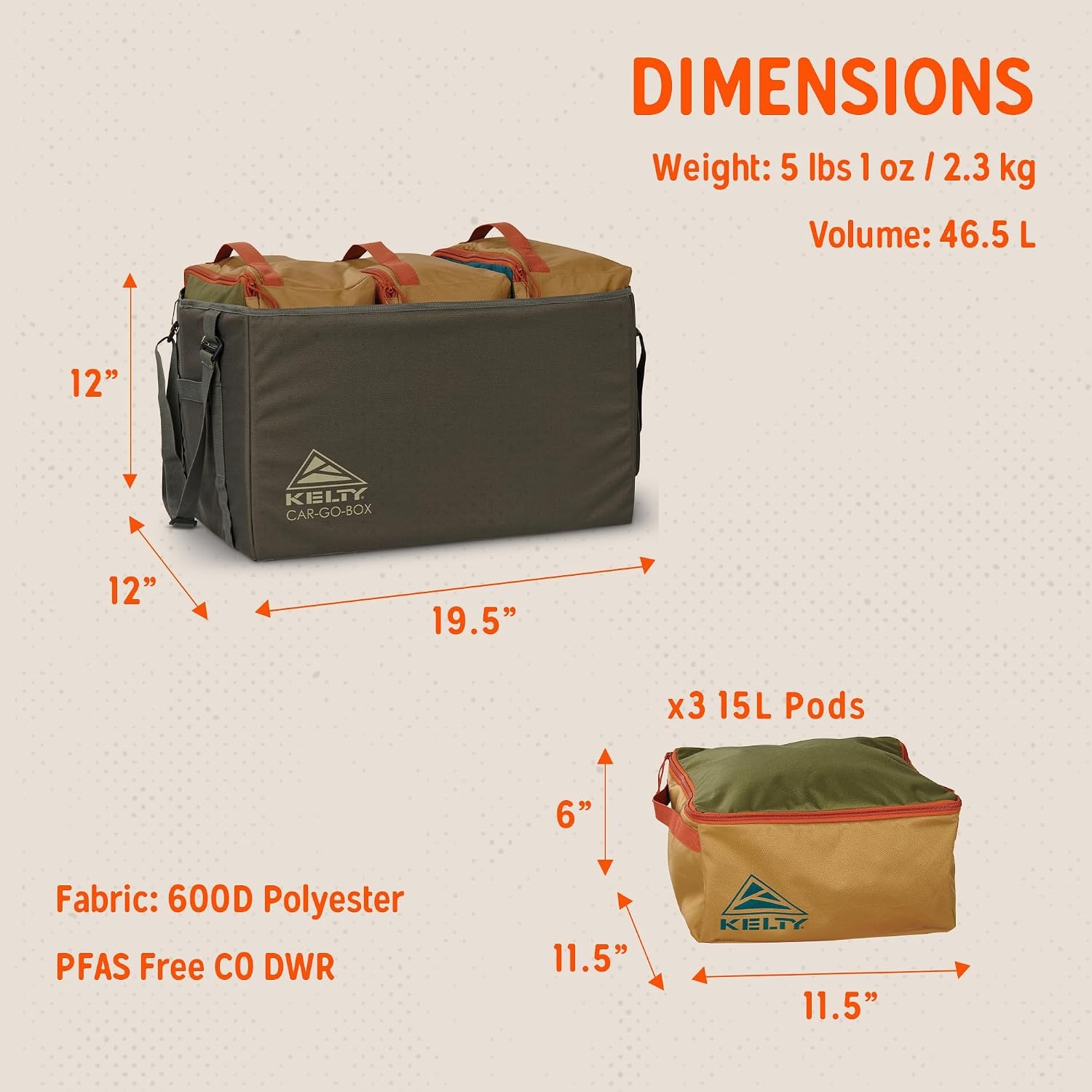 image:imageKelty CARGO Box Camping Tailgating Travel Organization Kit Large Structured Tote 3 Individual Pods Storage for Trucks Vans SUVs Cars Color Coded Packing Cubes Rugged Water Resistant 45L