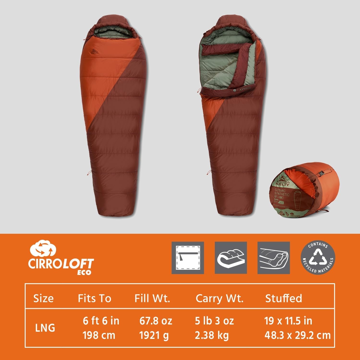 image:imageKelty Cosmic Synthetic Fill 0 Degree Backpacking Sleeping Bag Regular Compression Straps Stuff Sack IncludedLong 2025