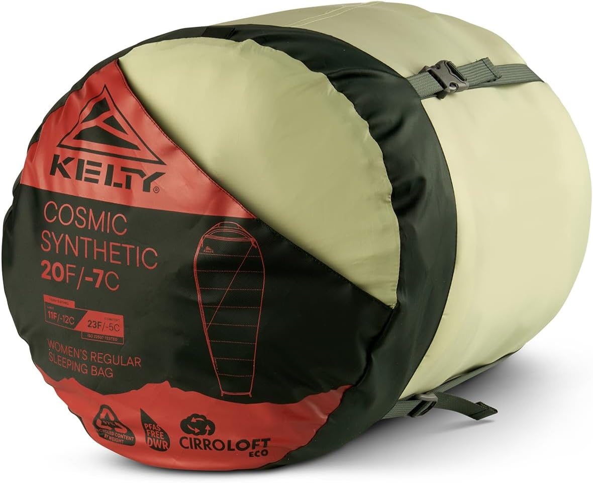 image:imageKelty Cosmic Synthetic Fill 20 Degree Backpacking Sleeping Bag Compression Straps Stuff Sack IncludedDark Green