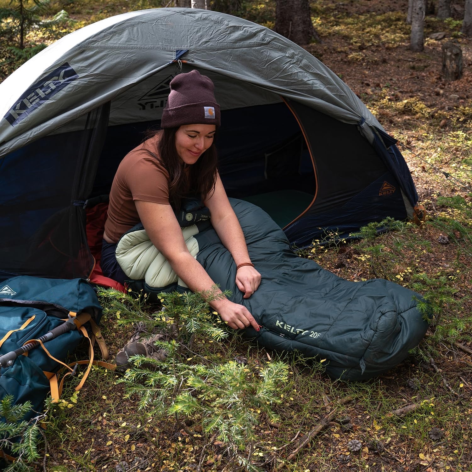 image:imageKelty Cosmic Synthetic Fill 20 Degree Backpacking Sleeping Bag Compression Straps Stuff Sack IncludedDark Green