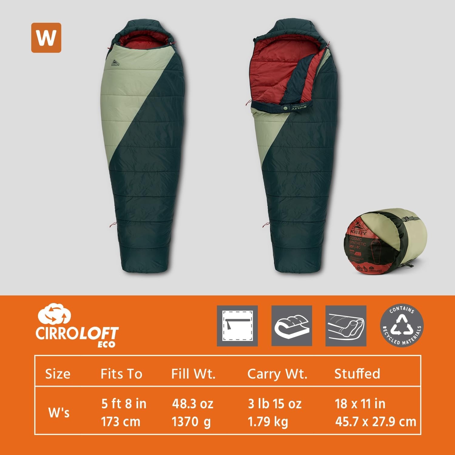 image:imageKelty Cosmic Synthetic Fill 20 Degree Backpacking Sleeping Bag Compression Straps Stuff Sack IncludedDark Green