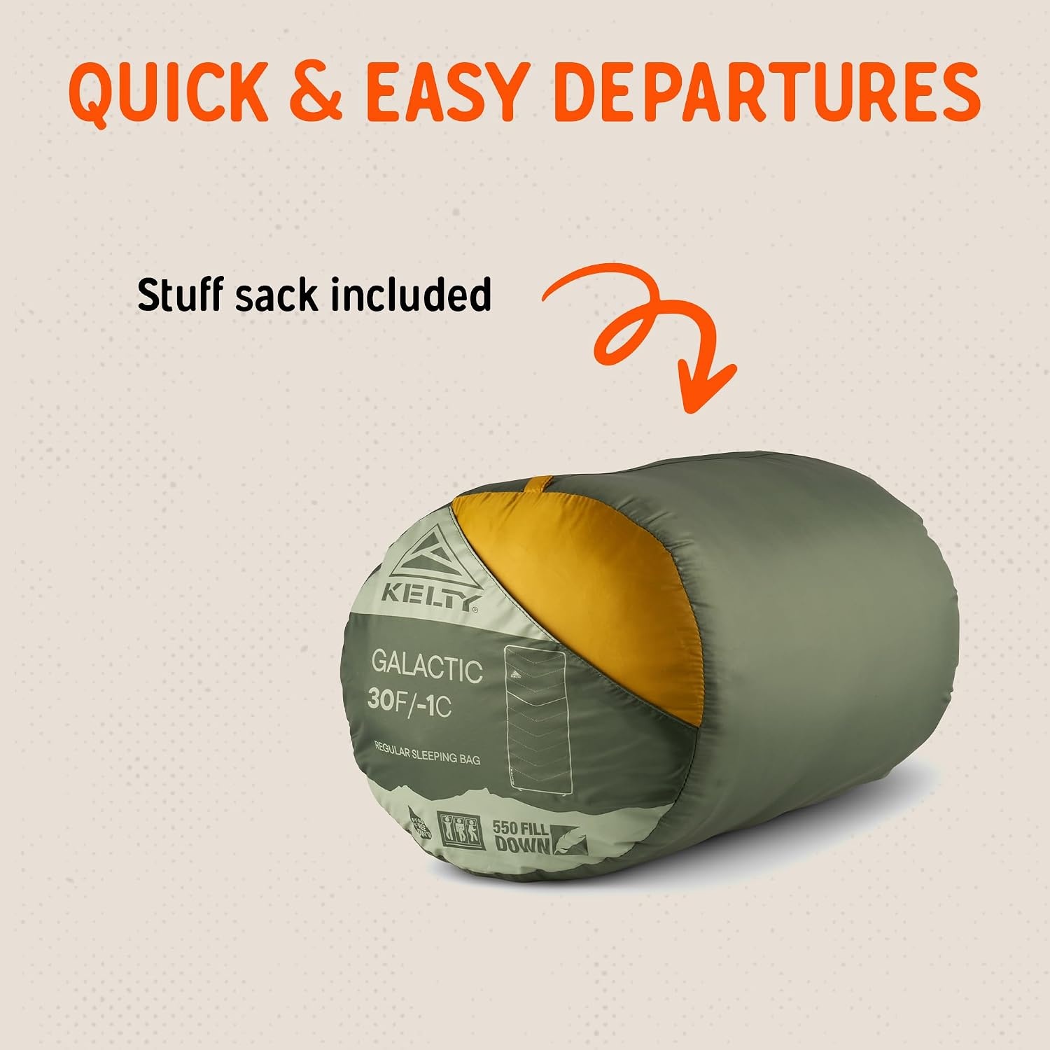 image:imageKelty Galactic Down 30 Degree Sleeping Bag 550 Fill Power RDS Trackable Down Backpacking and Camping Zip Together for 2P Sleeping Bag Zip Two Together for a 2P Bag 550 Fill Compressible Down PFCFree Fabrics and Finishes Buttery Soft Taffeta LiningDuck Green