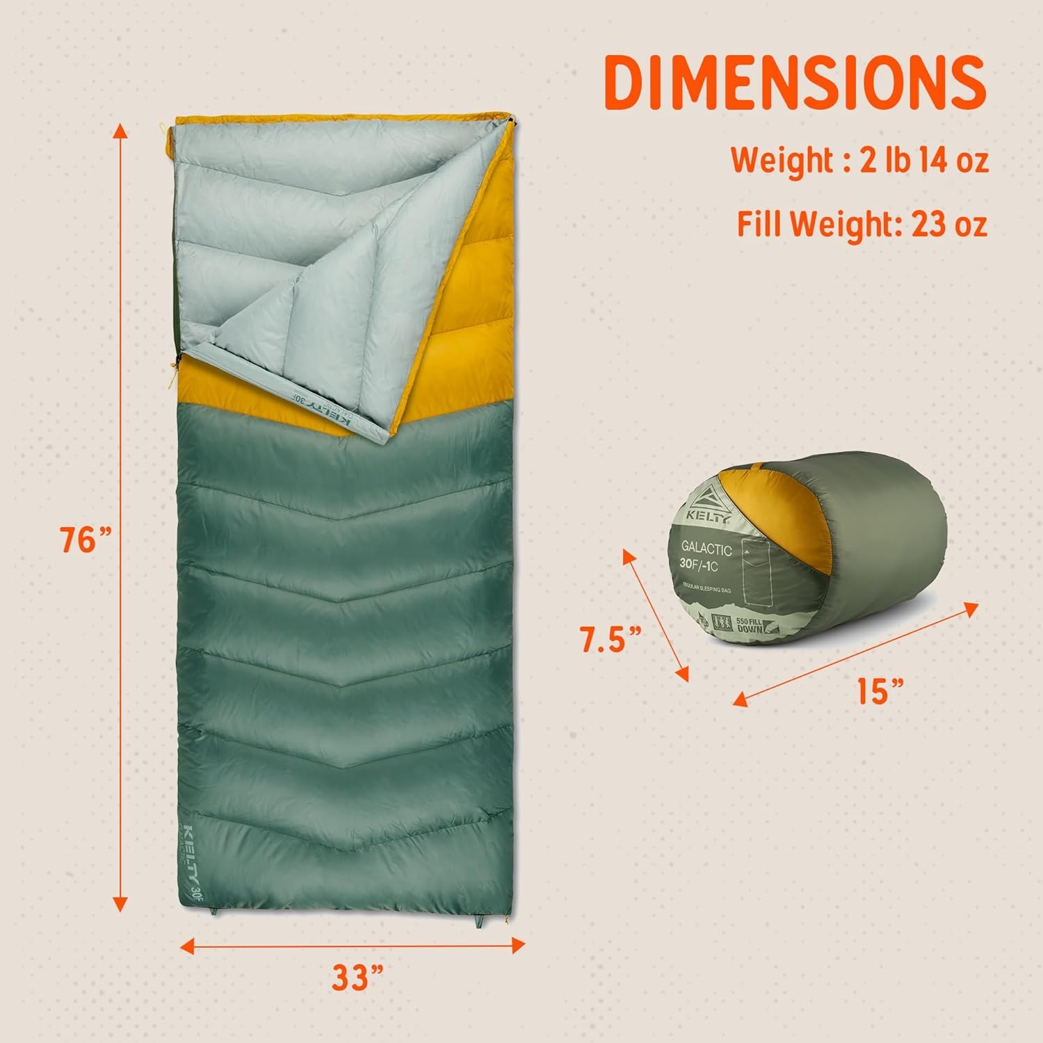 image:imageKelty Galactic Down 30 Degree Sleeping Bag 550 Fill Power RDS Trackable Down Backpacking and Camping Zip Together for 2P Sleeping Bag Zip Two Together for a 2P Bag 550 Fill Compressible Down PFCFree Fabrics and Finishes Buttery Soft Taffeta LiningDuck Green
