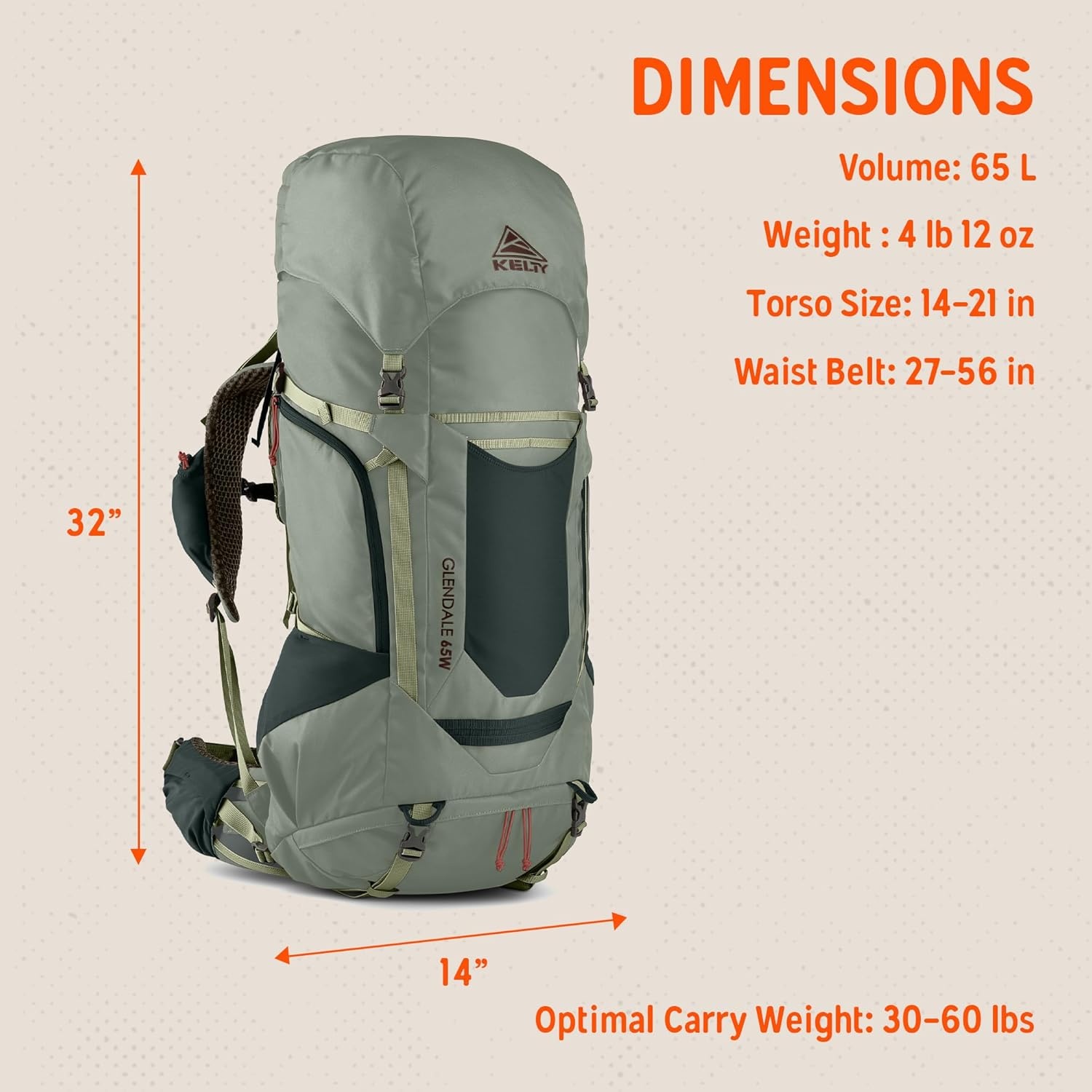 image:imageKelty Glendale 65L to 105L Internal Frame Backpack Multiday Backpacking Thru Hiking Pack Adjustable Suspension Customized Fit Duck Green 85LSea Spray