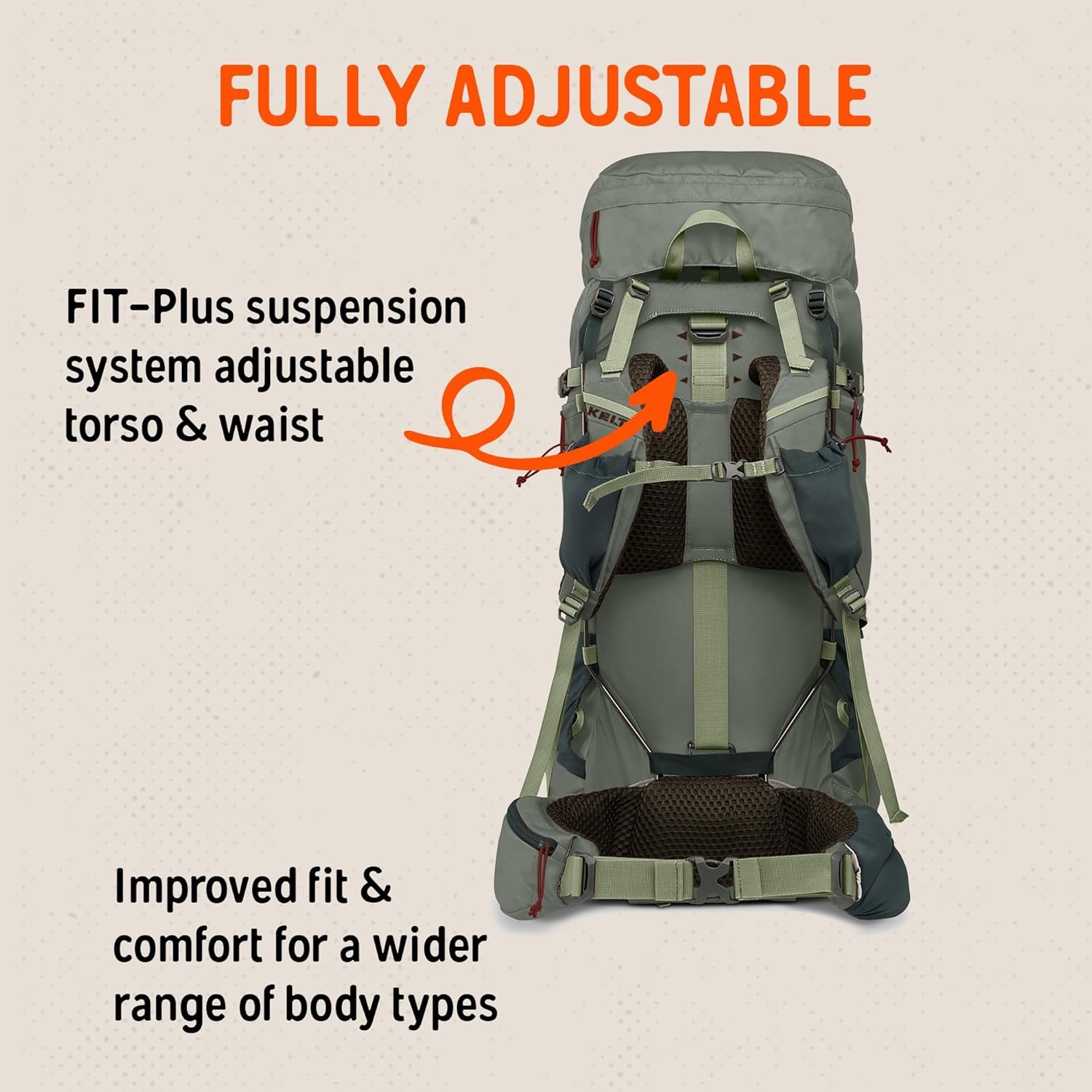 image:imageKelty Glendale 65L to 105L Internal Frame Backpack Multiday Backpacking Thru Hiking Pack Adjustable Suspension Customized Fit Duck Green 85LSea Spray