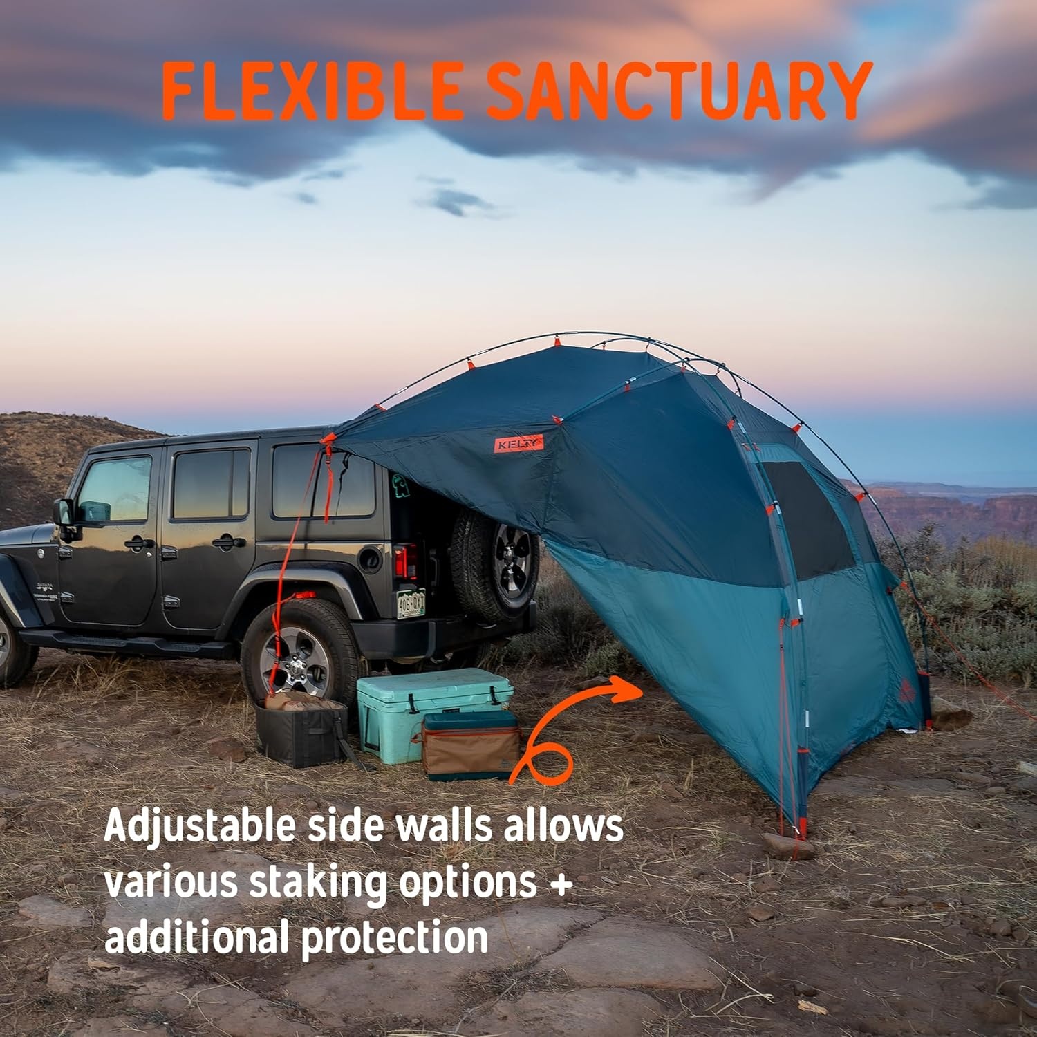 image:imageKelty Highroads Overlanding Shelter Universal Mount Car Camping Tent with Large Zippered Entry Aluminum Frame Adjustable Walls and Windows UV Protection Rainproof Stuff Duffel Included 2024Backroads Shelter Fiberglass Frame