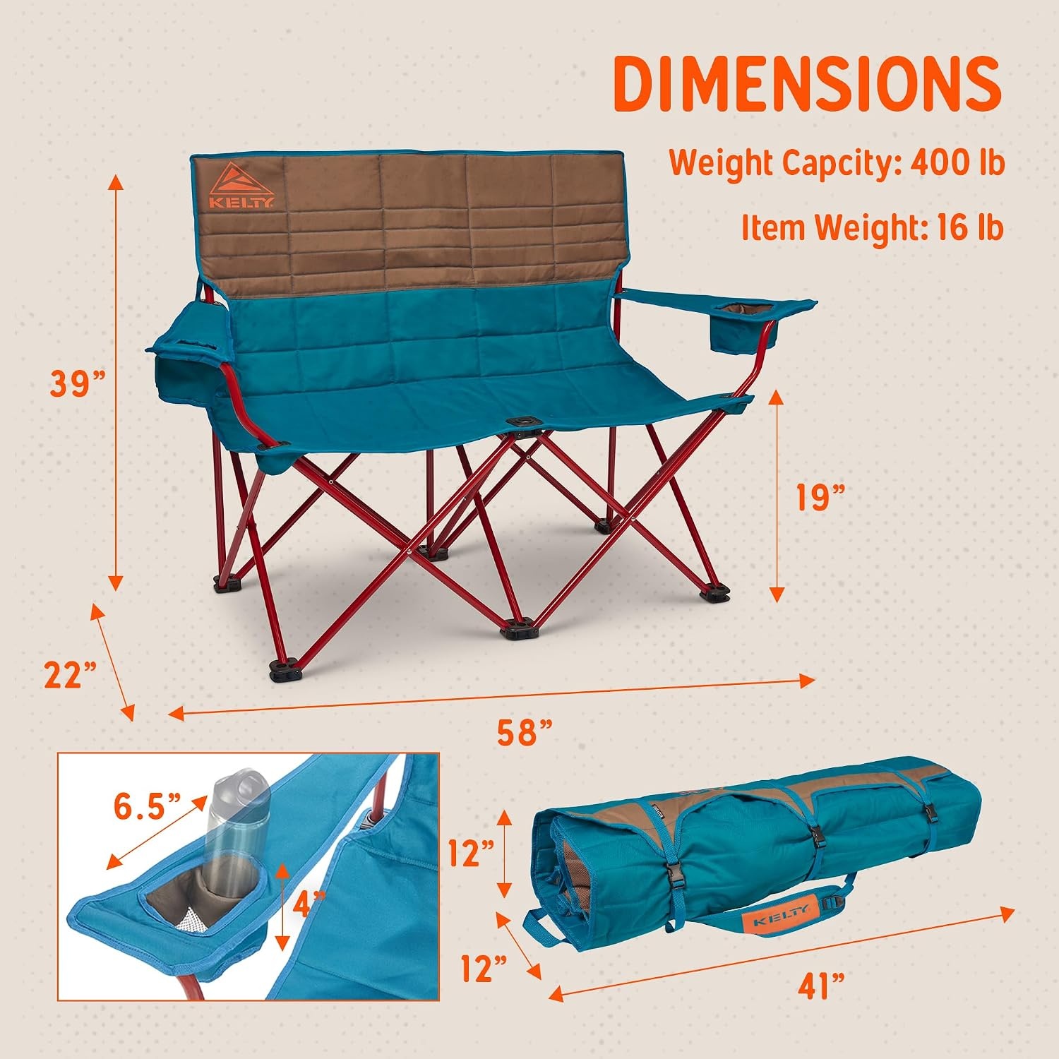 image:imageKelty Low Loveseat 2 Person Folding Camping Chair Low HeightDill Low Height Seat Comfortably Fits 2 Adults Slight Recline Insulated Cup Holders Perfect for Soccer Games ConcertsDeep Lake Fallen Rock