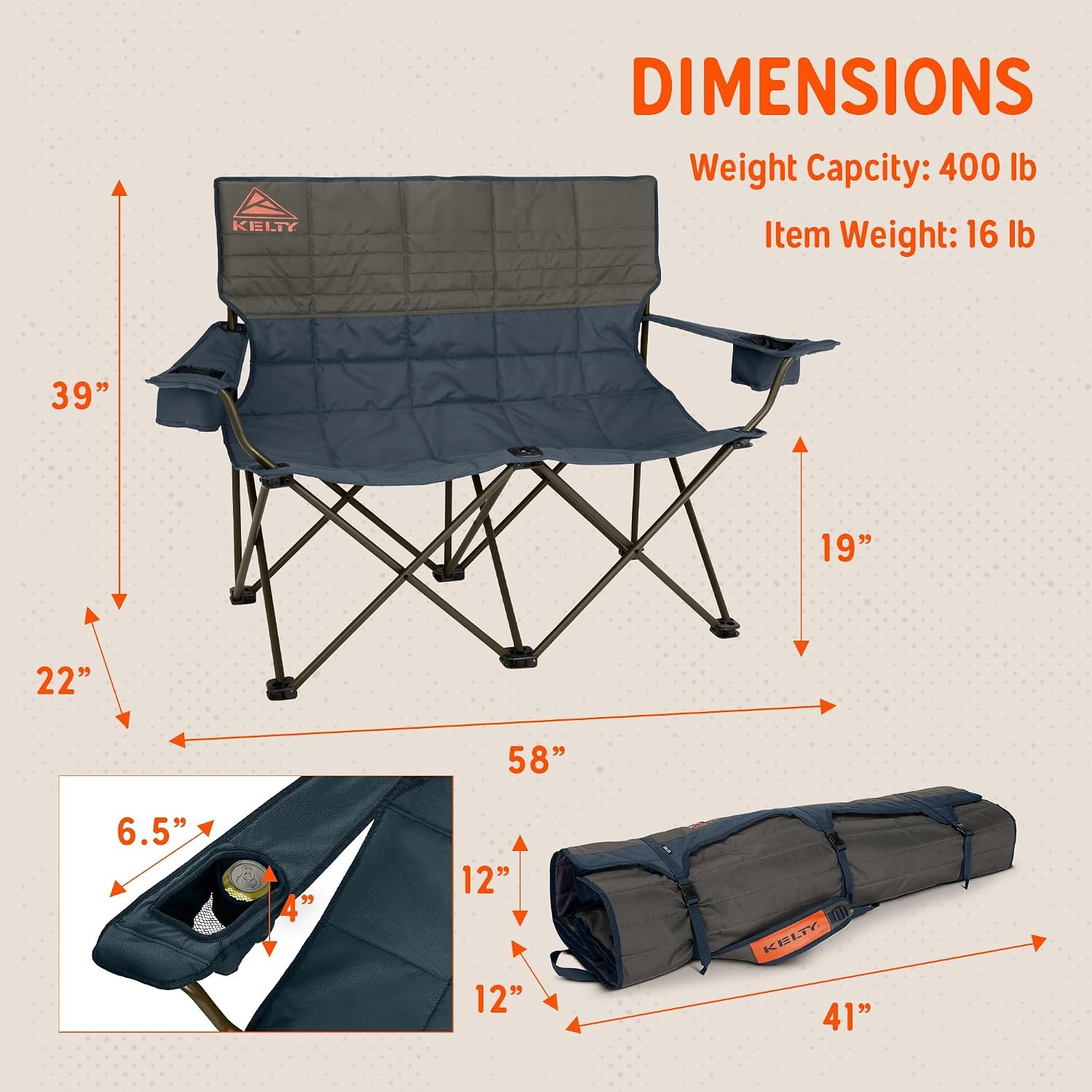 image:imageKelty Low Loveseat 2 Person Folding Camping Chair Low HeightDill Low Height Seat Comfortably Fits 2 Adults Slight Recline Insulated Cup Holders Perfect for Soccer Games ConcertsDark Shadow Midnight Navy