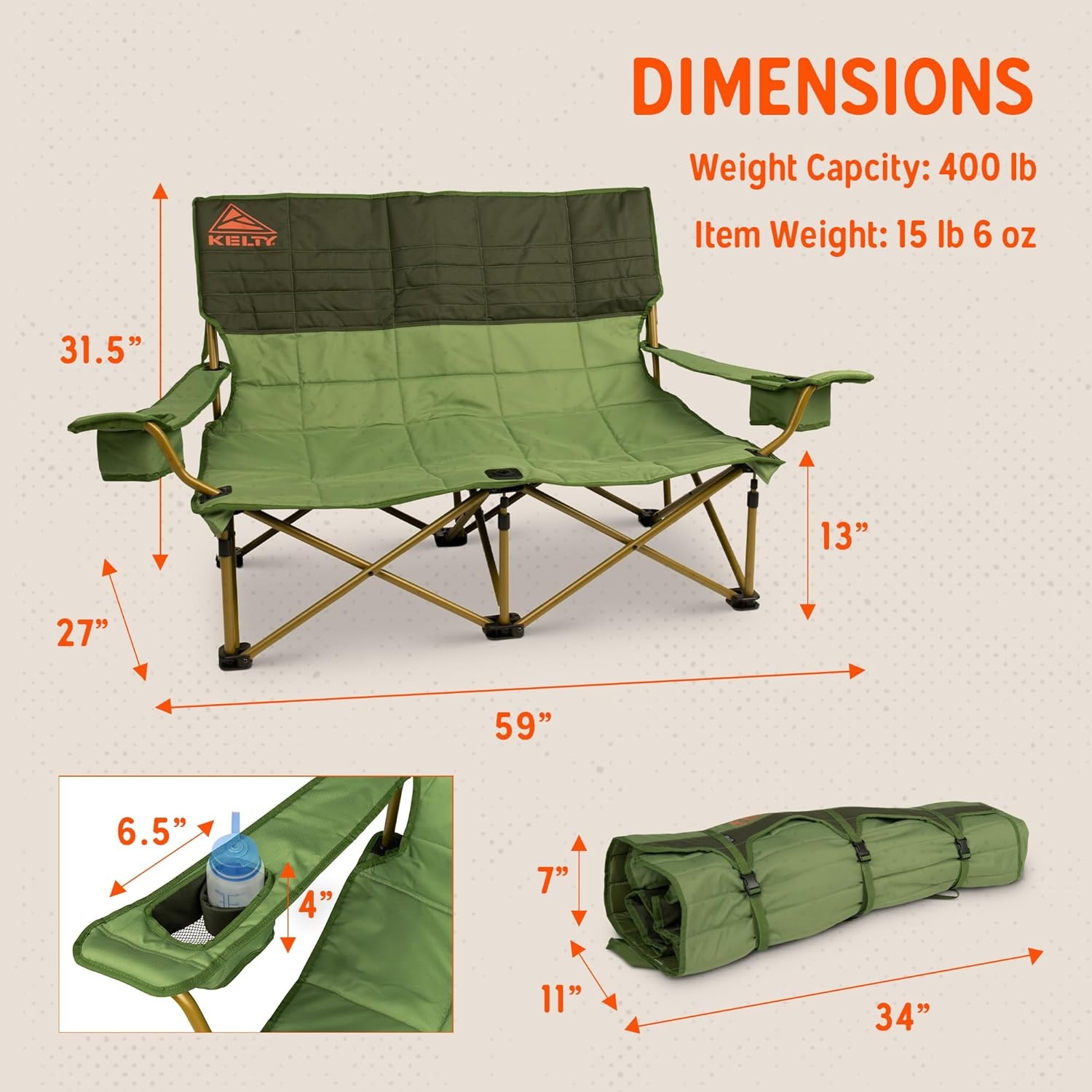 image:imageKelty Low Loveseat 2 Person Folding Camping Chair Low HeightDill Low Height Seat Comfortably Fits 2 Adults Slight Recline Insulated Cup Holders Perfect for Soccer Games ConcertsDill Duffle