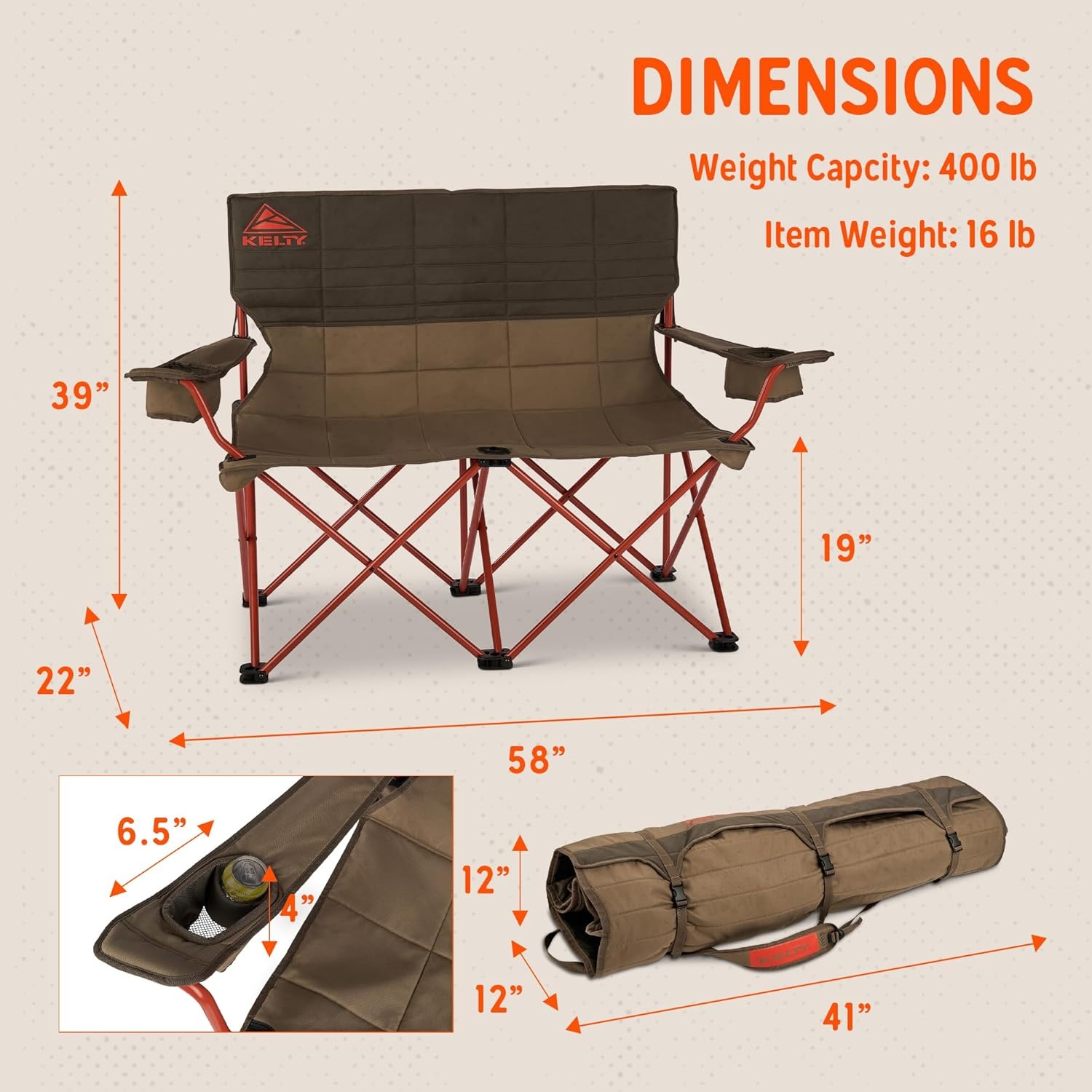 image:imageKelty Low Loveseat 2 Person Folding Camping Chair Low HeightDill Low Height Seat Comfortably Fits 2 Adults Slight Recline Insulated Cup Holders Perfect for Soccer Games ConcertsBungee Cord Beluga