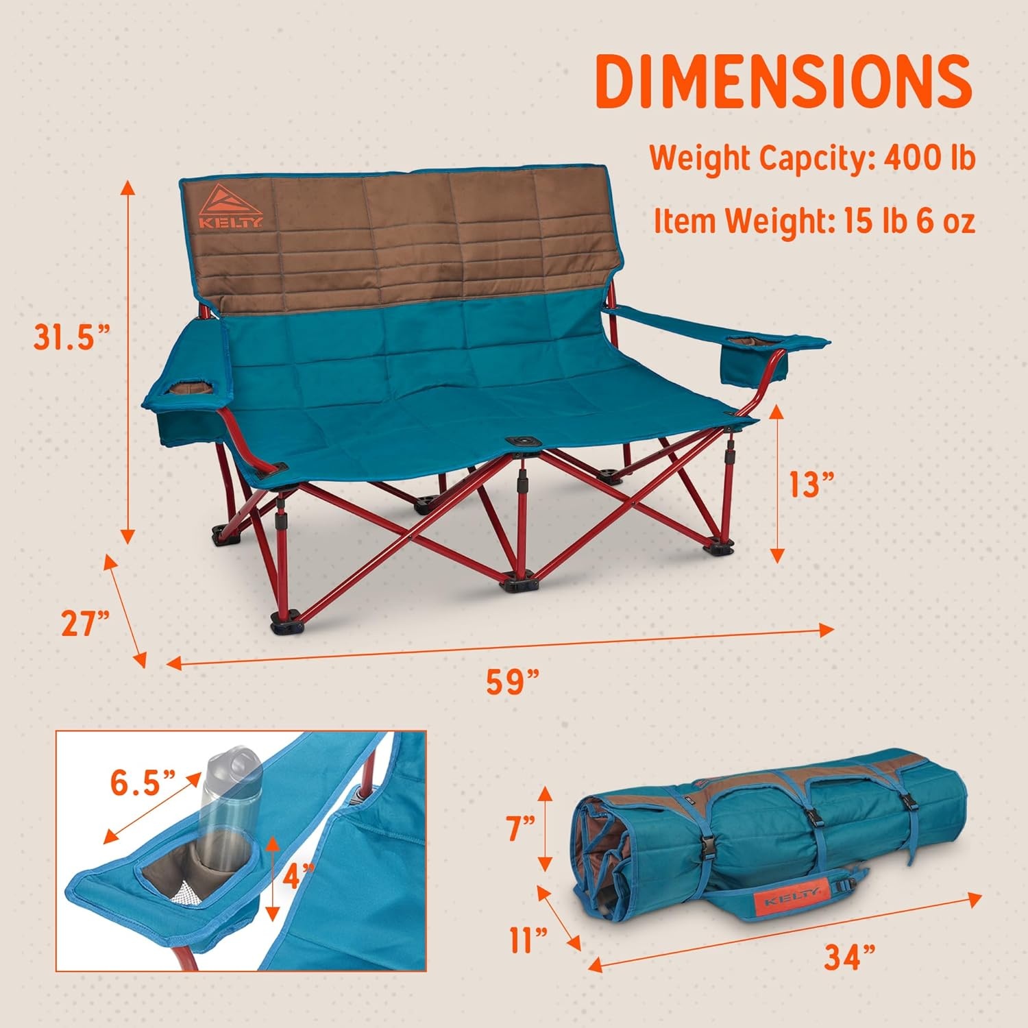 image:imageKelty Low Loveseat 2 Person Folding Camping Chair Low HeightDill Low Height Seat Comfortably Fits 2 Adults Slight Recline Insulated Cup Holders Perfect for Soccer Games ConcertsDeep Lake Fallen Rock
