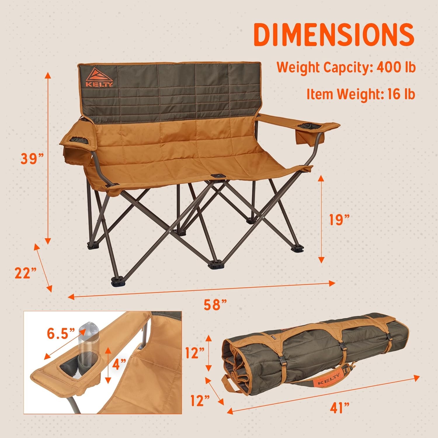 image:imageKelty Low Loveseat 2 Person Folding Camping Chair Low HeightDill Low Height Seat Comfortably Fits 2 Adults Slight Recline Insulated Cup Holders Perfect for Soccer Games ConcertsCanyon Brown Beluga