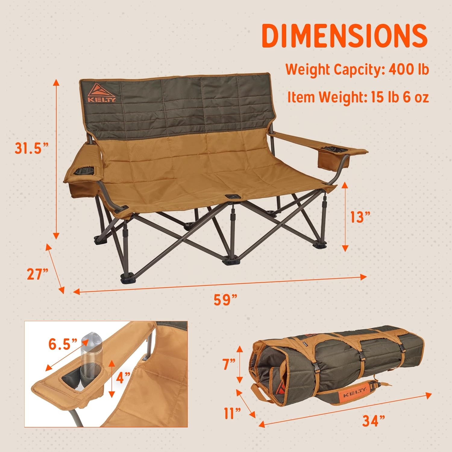 image:imageKelty Low Loveseat 2 Person Folding Camping Chair Low HeightDill Low Height Seat Comfortably Fits 2 Adults Slight Recline Insulated Cup Holders Perfect for Soccer Games ConcertsCanyon Brown Beluga