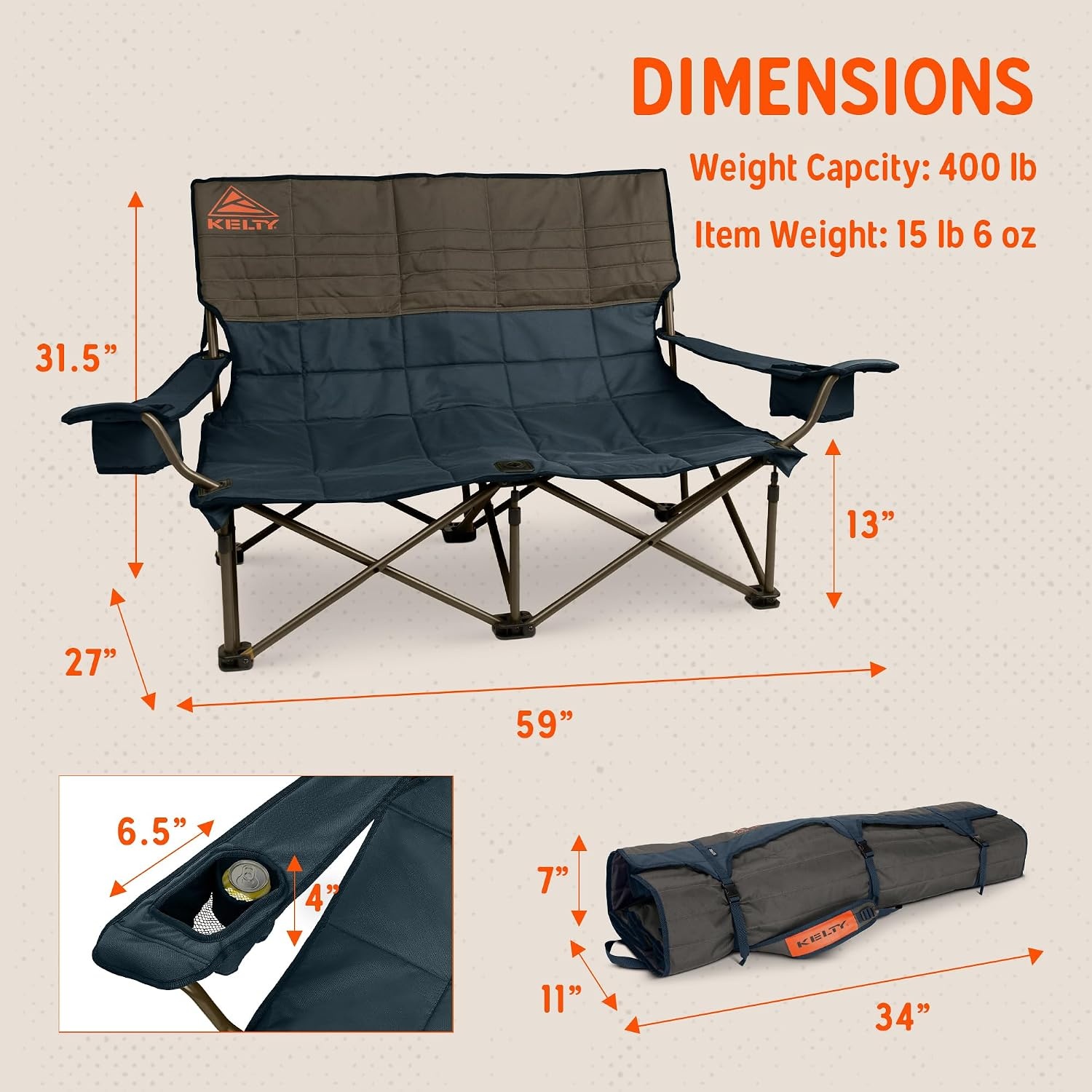 image:imageKelty Low Loveseat 2 Person Folding Camping Chair Low HeightDill Low Height Seat Comfortably Fits 2 Adults Slight Recline Insulated Cup Holders Perfect for Soccer Games ConcertsDark Shadow Midnight Navy