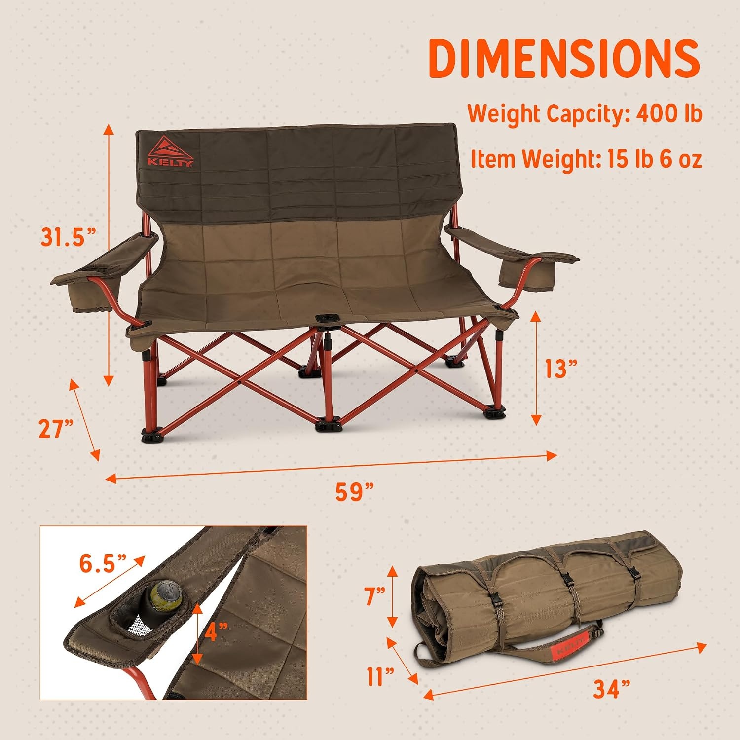 image:imageKelty Low Loveseat 2 Person Folding Camping Chair Low HeightDill Low Height Seat Comfortably Fits 2 Adults Slight Recline Insulated Cup Holders Perfect for Soccer Games ConcertsBungee Cord Beluga