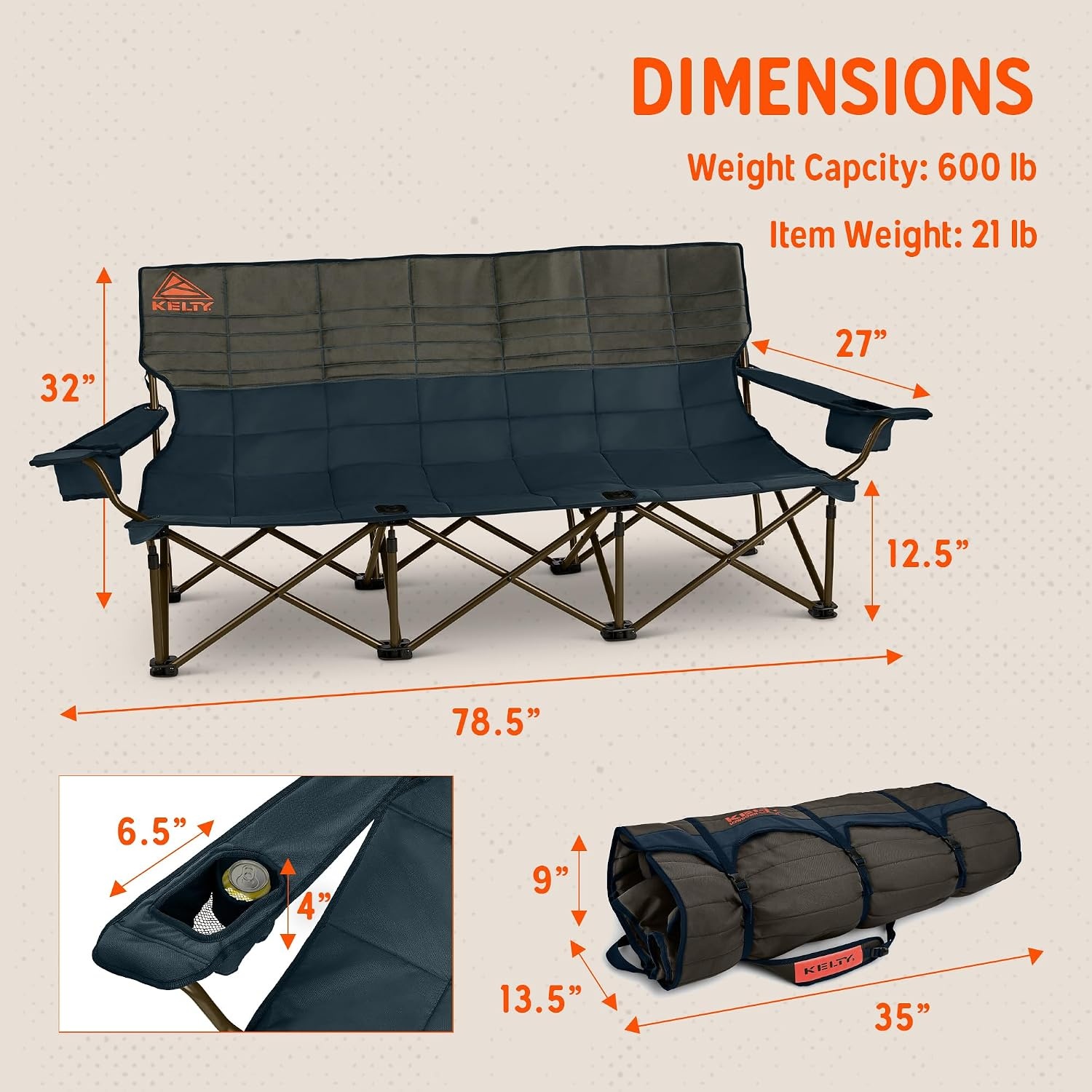 image:imageKelty Lowdown Couch 3 Person Capacity Camping Chair Extra Large and Sturdy Bench for Campsites Soccer Games and Backyard PartiesDark Shadow Midnight Navy