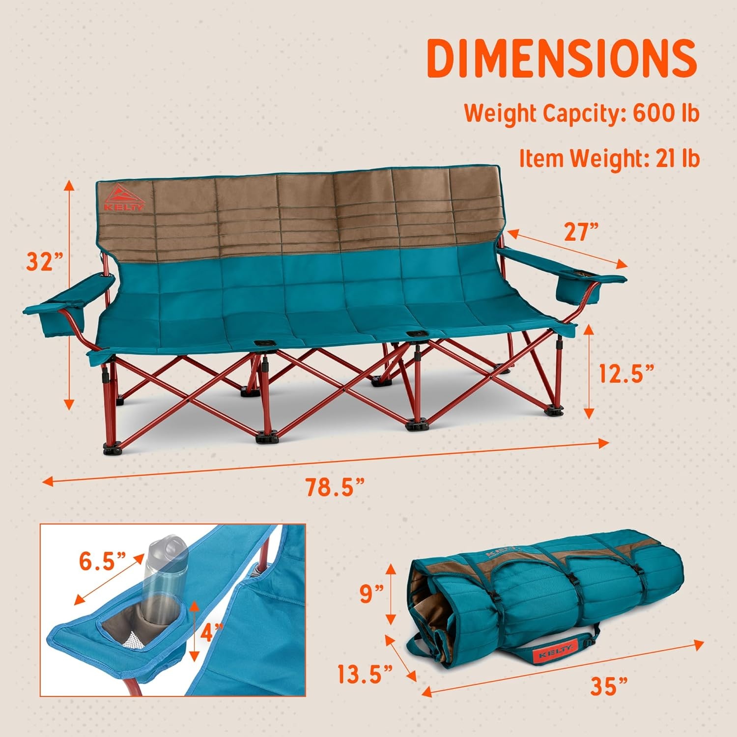 image:imageKelty Lowdown Couch 3 Person Capacity Camping Chair Extra Large and Sturdy Bench for Campsites Soccer Games and Backyard PartiesDeep LakeFallen Rock