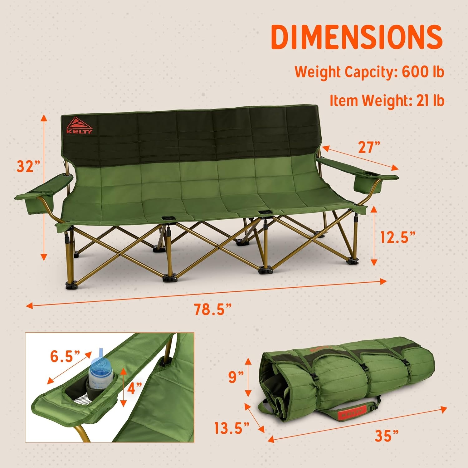 image:imageKelty Lowdown Couch 3 Person Capacity Camping Chair Extra Large and Sturdy Bench for Campsites Soccer Games and Backyard PartiesDill