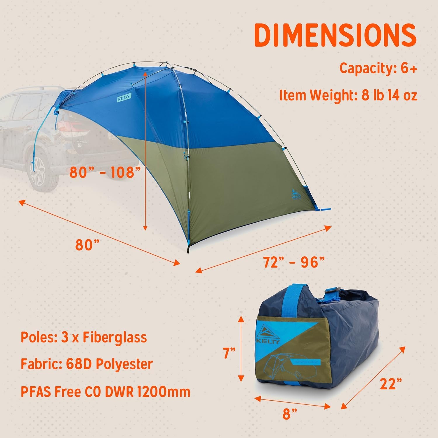 image:imageKelty Sideroads Awning Shelter for Car Camping Tailgating and Summer Beach Trips Protection from Elements and UV Universal Mount Sturdy Steel Frame Easy Setup