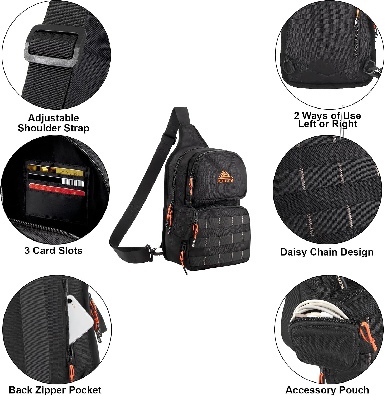 image:imageKelty Sling Crossbody Messenger Shoulder Backpack 825 Liter Capacity with Detachable Keychain Coin PouchBlack Orange