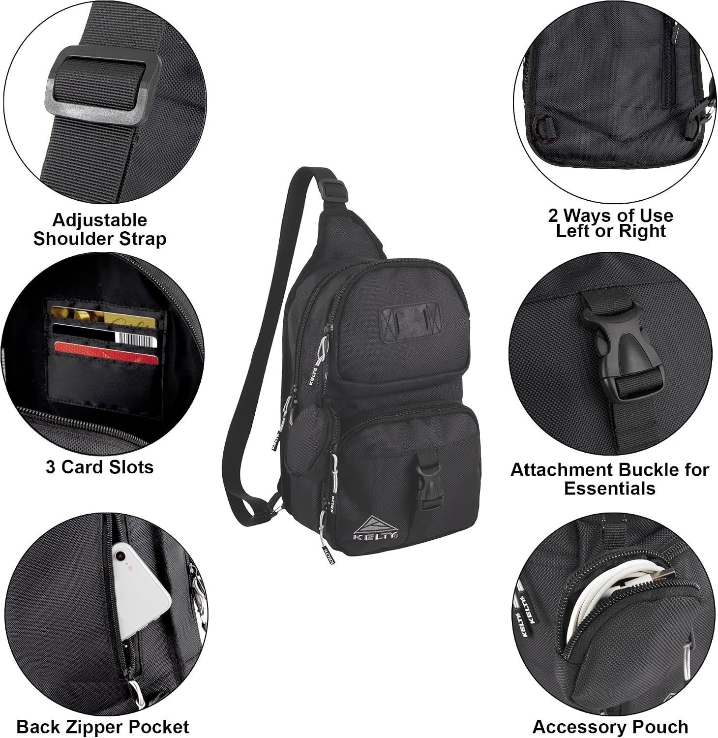 image:imageKelty Sling Crossbody Messenger Shoulder Backpack 825 Liter Capacity with Detachable Keychain Coin PouchBlack With Buckle