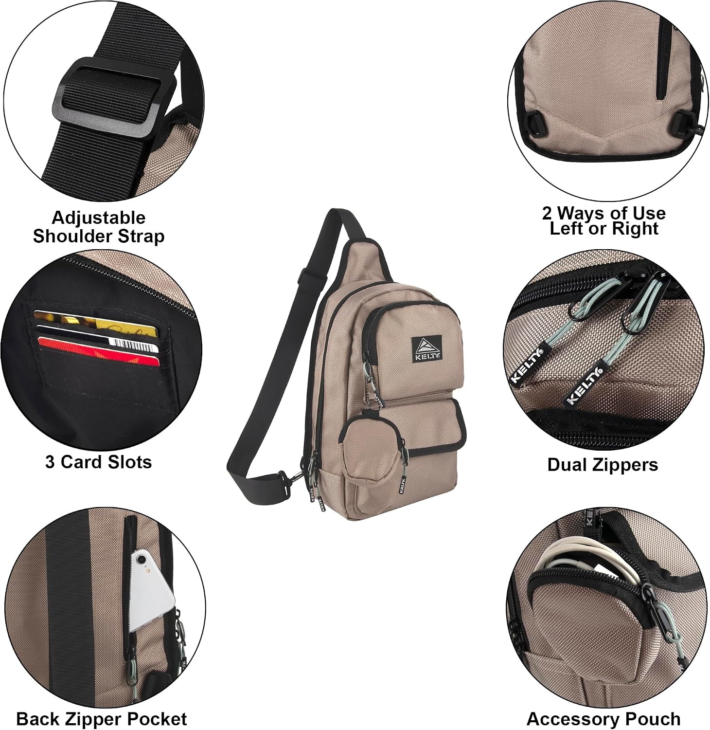 image:imageKelty Sling Crossbody Messenger Shoulder Backpack 825 Liter Capacity with Detachable Keychain Coin PouchKhaki Black