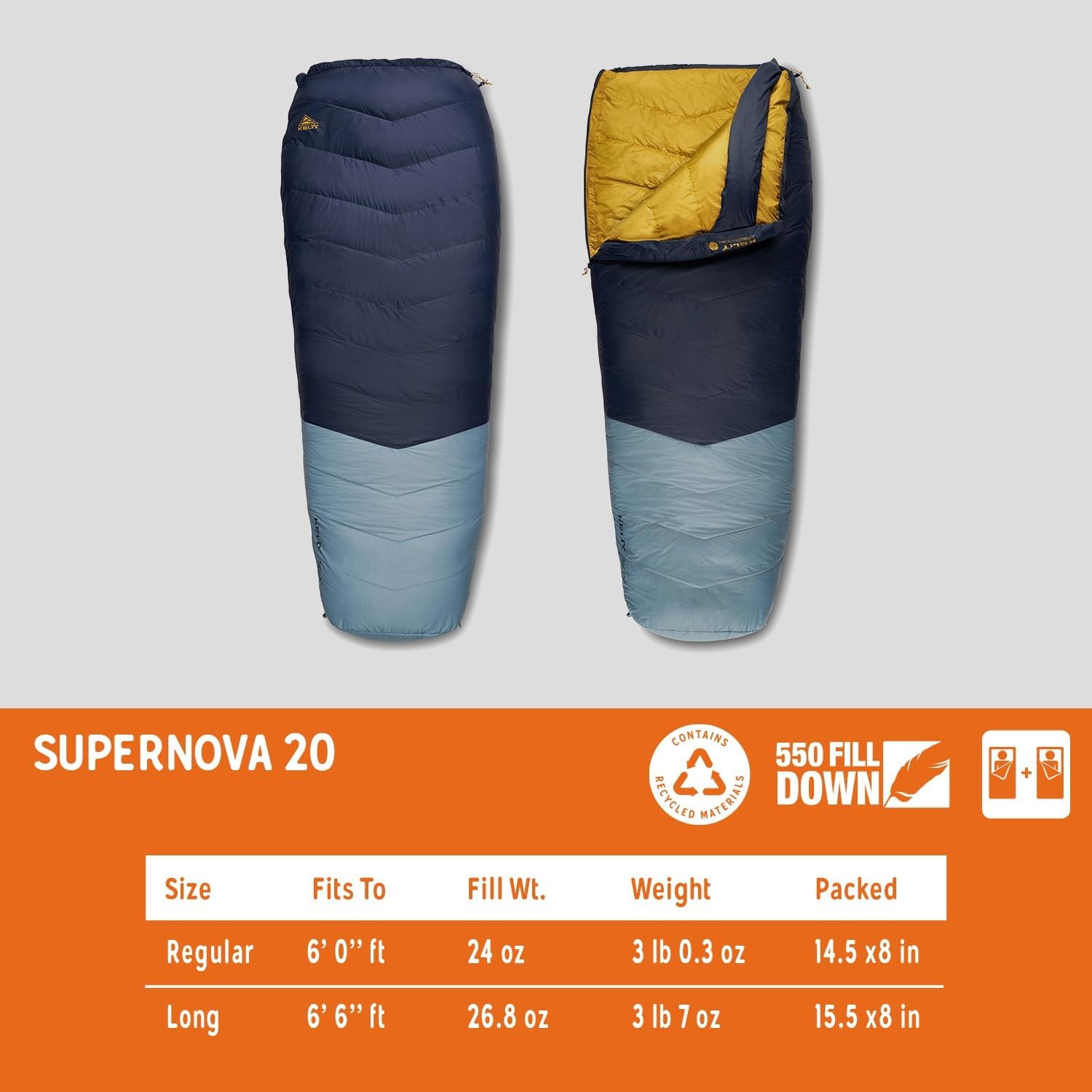 image:imageKelty Supernova Down Fill Sleeping Bag 0 or 20 or 40 Degree Rating Zip Two Together for a 2P Bag Roomy Spoon Shape for Extra WIggle Room PFCFree Fabrics Soft Taffeta Lining CompressibleStandard