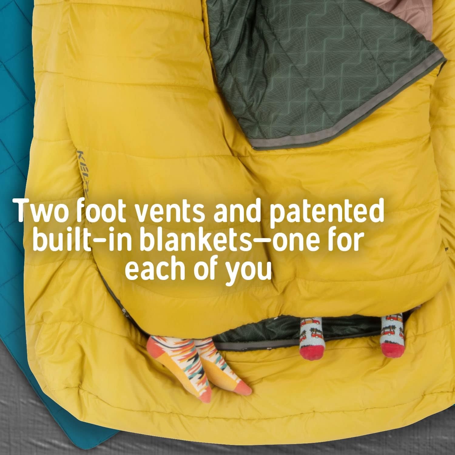 image:imageKelty TruComfort Doublewide 20 Degree Sleeping Bag Two Person Synthetic Camping Sleeping Bag for Couples amp Family Camping Wider Than a Queen Sized Bed Removable Top Layer 2 Builtin Blankets Oversized Hood Recycled Fabrics and Synthetic FillOlive Oil