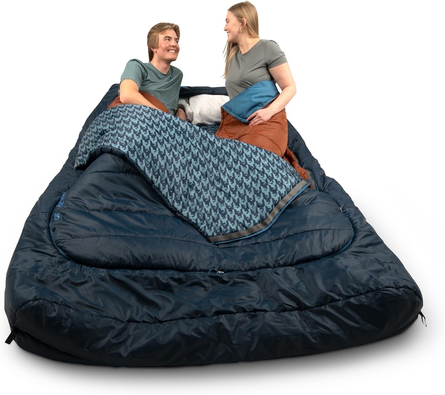 image:imageKelty TruComfort Doublewide 20 Degree Sleeping Bag Two Person Synthetic Camping Sleeping Bag for Couples amp Family Camping Wider Than a Queen Sized Bed Removable Top Layer 2 Builtin Blankets Oversized Hood Recycled Fabrics and Synthetic FillPageant Blue