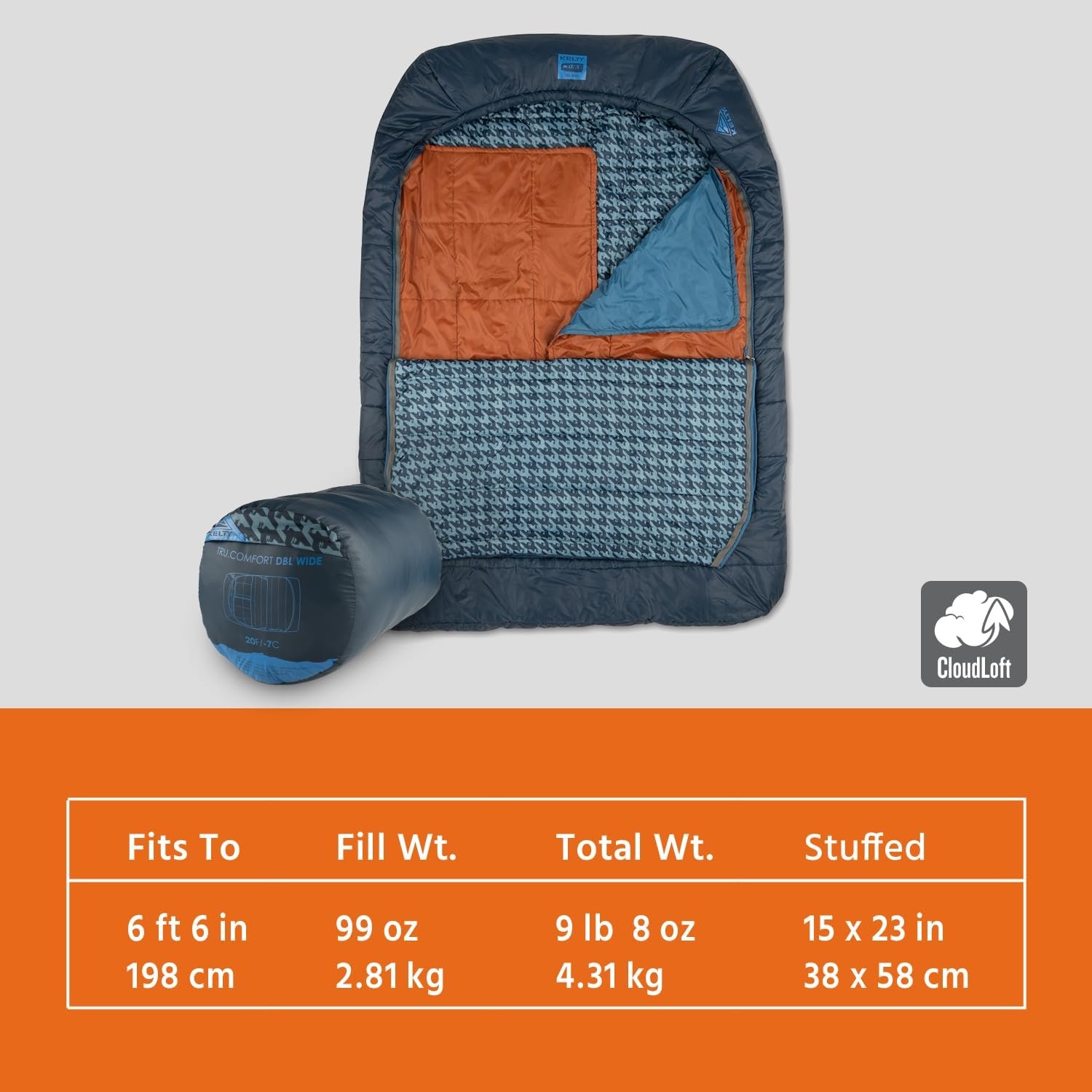 image:imageKelty TruComfort Doublewide 20 Degree Sleeping Bag Two Person Synthetic Camping Sleeping Bag for Couples amp Family Camping Wider Than a Queen Sized Bed Removable Top Layer 2 Builtin Blankets Oversized Hood Recycled Fabrics and Synthetic FillPageant Blue
