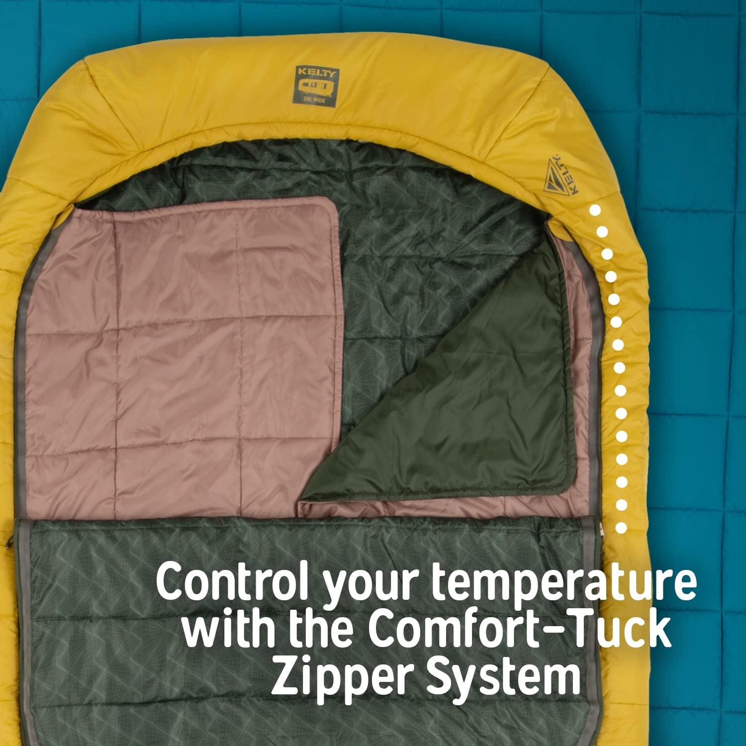 image:imageKelty TruComfort Doublewide 20 Degree Sleeping Bag Two Person Synthetic Camping Sleeping Bag for Couples amp Family Camping Wider Than a Queen Sized Bed Removable Top Layer 2 Builtin Blankets Oversized Hood Recycled Fabrics and Synthetic FillOlive Oil