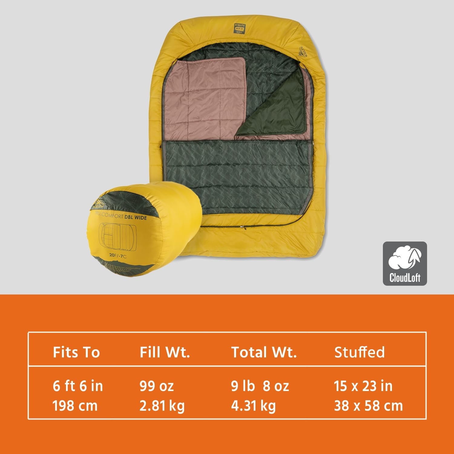 image:imageKelty TruComfort Doublewide 20 Degree Sleeping Bag Two Person Synthetic Camping Sleeping Bag for Couples amp Family Camping Wider Than a Queen Sized Bed Removable Top Layer 2 Builtin Blankets Oversized Hood Recycled Fabrics and Synthetic FillOlive Oil