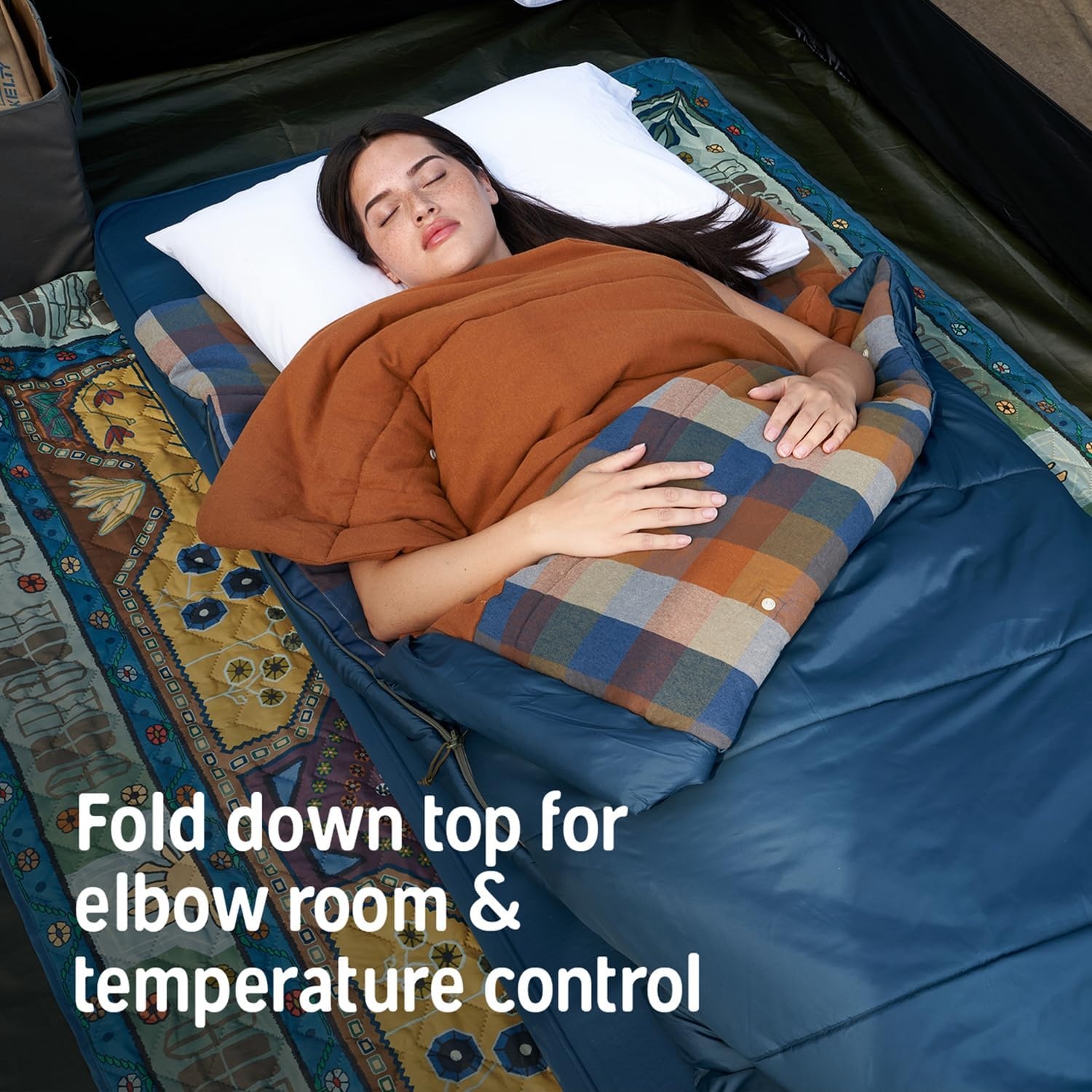 image:imageKelty Wayback Flannel Lined Sleeping Bag Built in Blanket Traditional Rectangle Shape Organic Flannel Cotton Liner Dual Locking Slide ZipsReflecting Pond
