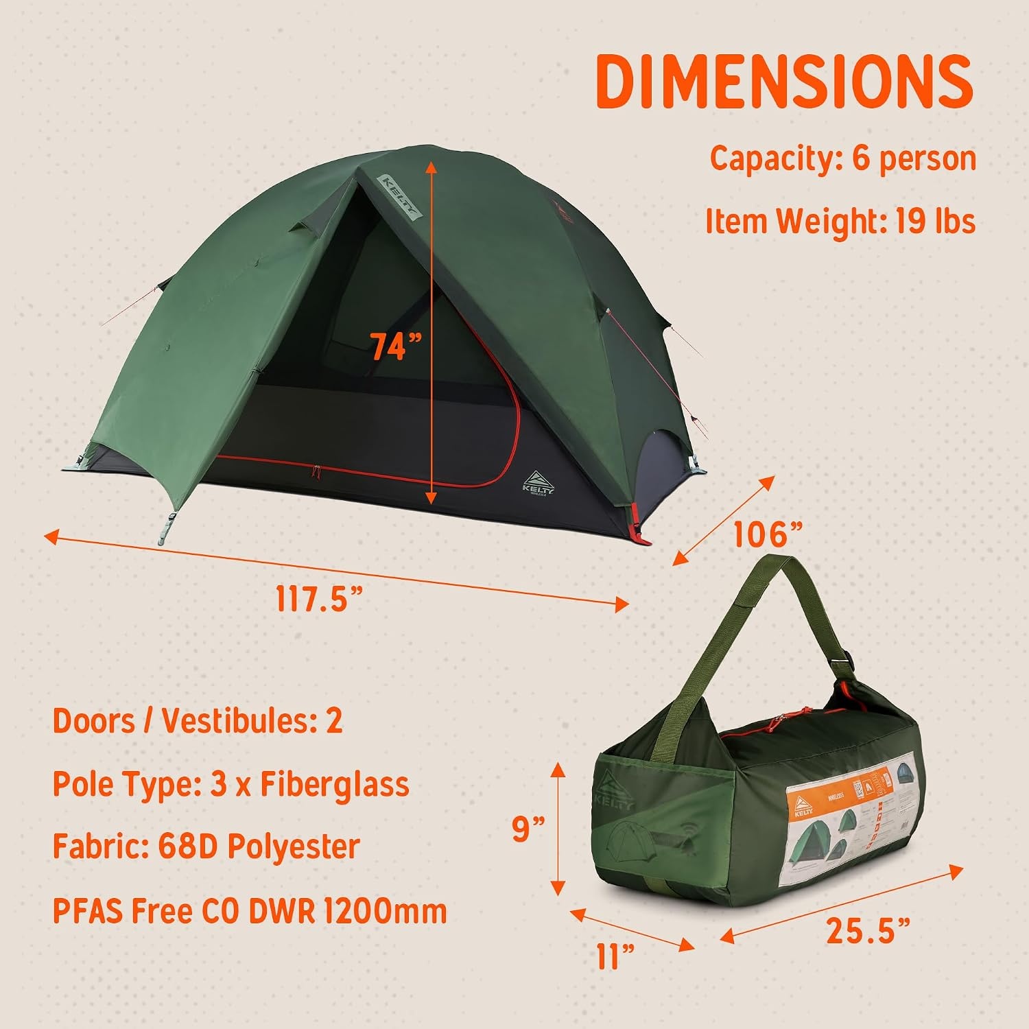 image:imageKelty Wireless Freestanding Camping Tent 2 4 or 6 Person Size Huge Interior and Peak Height Intuitive Easy to Pitch Color Coded SetupDill Black Forest