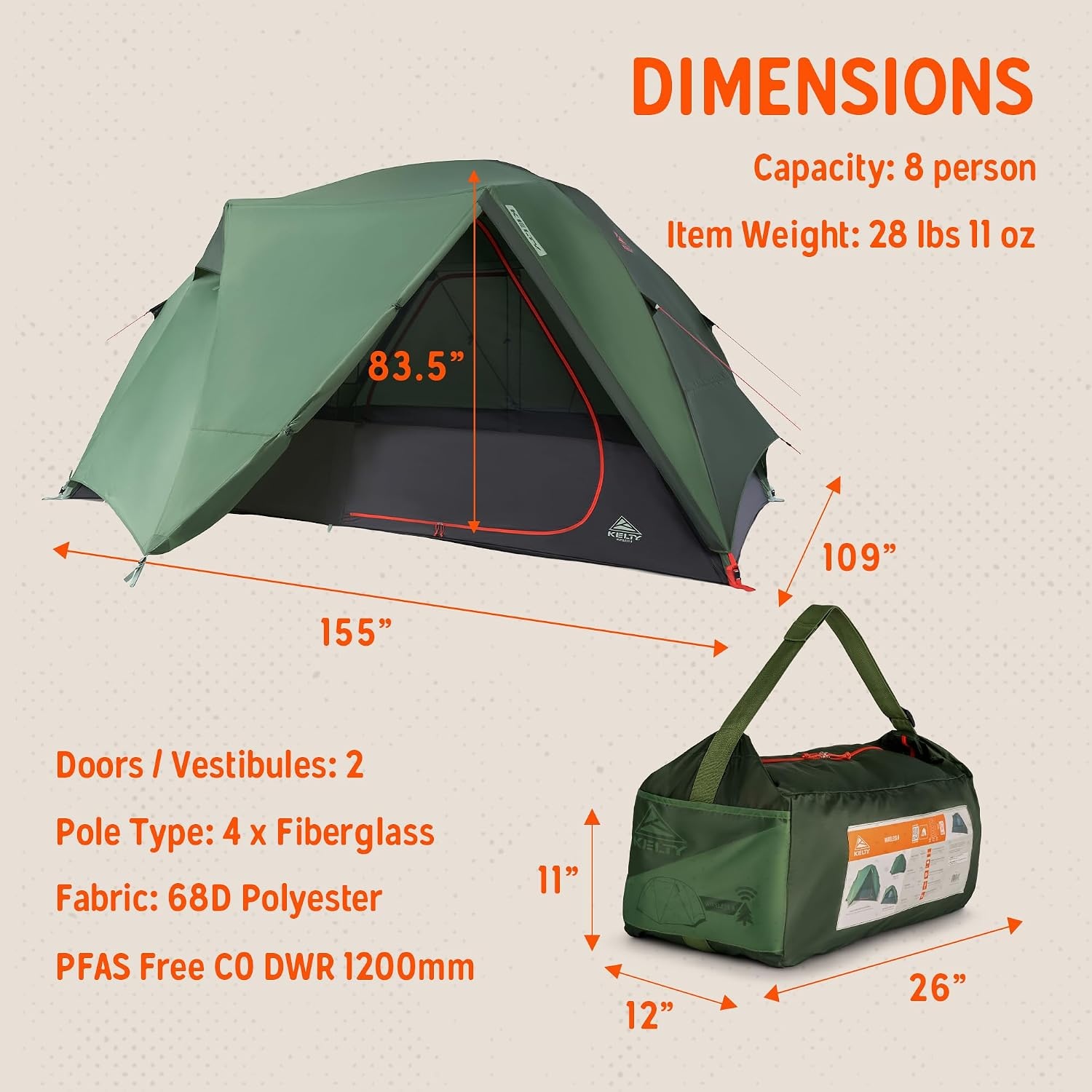 image:imageKelty Wireless Freestanding Camping Tent 2 4 or 6 Person Size Huge Interior and Peak Height Intuitive Easy to Pitch Color Coded SetupDill Black Forest