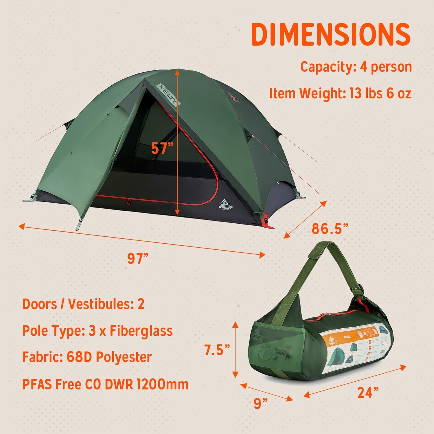 image:imageKelty Wireless Freestanding Camping Tent 2 4 or 6 Person Size Huge Interior and Peak Height Intuitive Easy to Pitch Color Coded SetupDill Black Forest