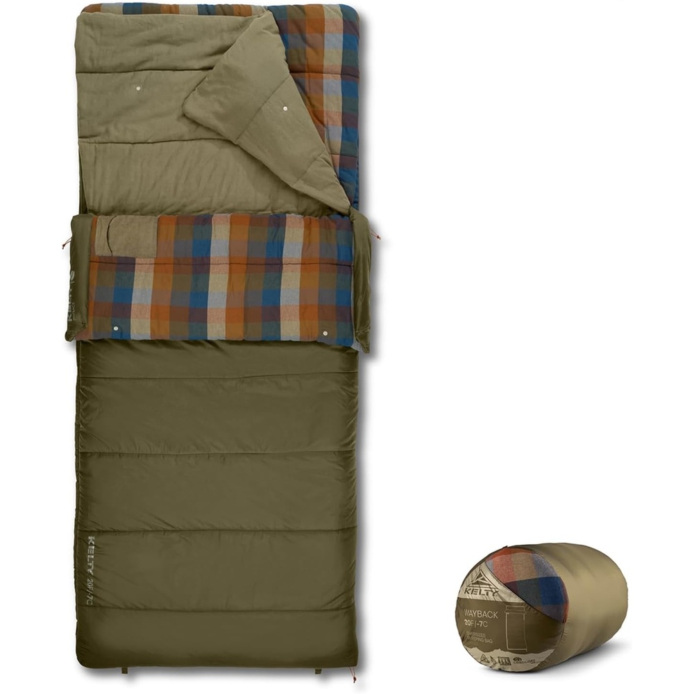 image:imageKelty Wayback Flannel Lined Sleeping Bag Built in Blanket Traditional Rectangle Shape Organic Flannel Cotton Liner Dual Locking Slide ZipsBurnt Olive