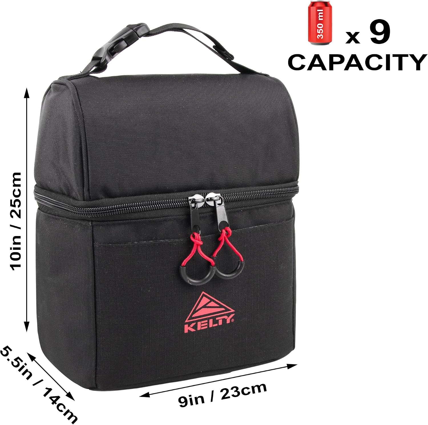image:imageKelty Adult Insulated Lunch Bag Leakproof 9 Can 8 Liter Capacity with Top Buckle Carry Handle Mesh Zippered Pocket Front Slip PocketBlack